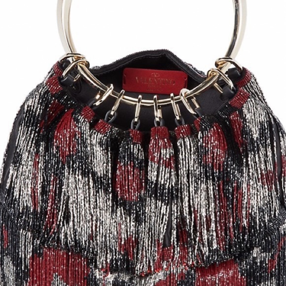 VALENTINO GARAVANI BEADED FRINGE SATIN CLUTCH WITH GOLD TONE ROUND HANDLE - Picture 4 of 16